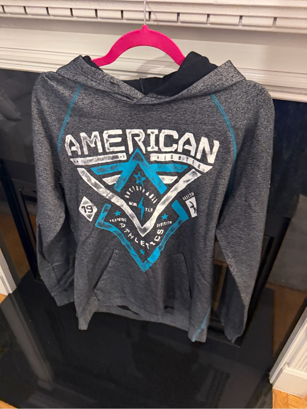 American Fighter Gray Hooded Zip Sweater with Teal Graphic
